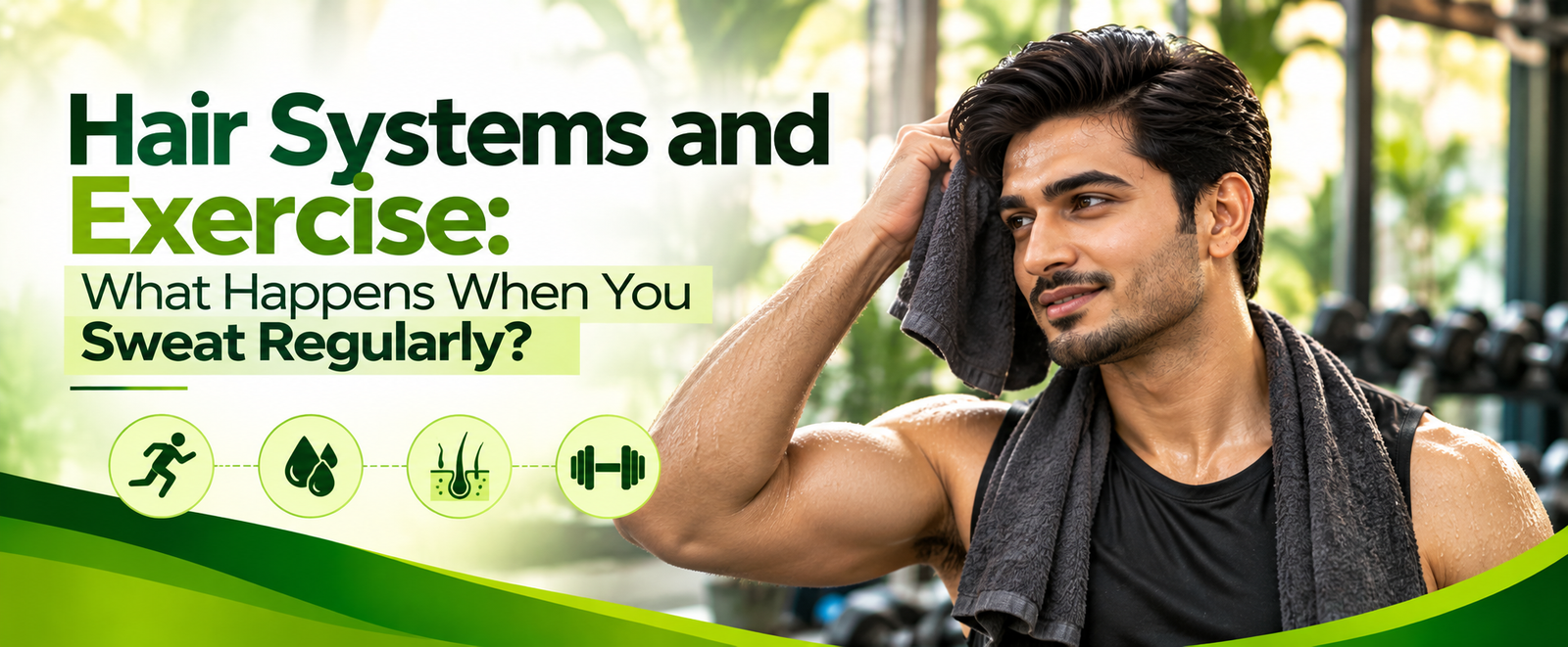 Hair systems and exercise, showing a man sweating during a workout and managing his hair after exercising.