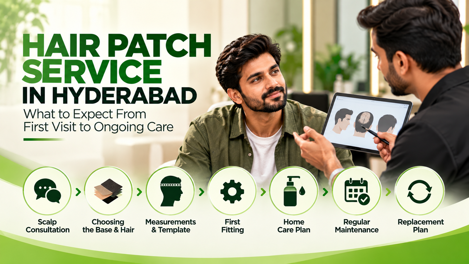 Hair patch service in Hyderabad showing the journey from scalp consultation and hair selection to fitting, home care, regular maintenance, and replacement planning.