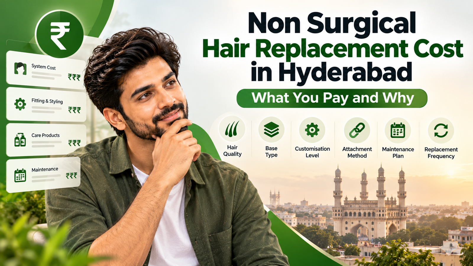 Non-surgical hair replacement cost in Hyderabad, showing key factors including hair quality, base type, customisation, attachment method, maintenance, and replacement frequency.