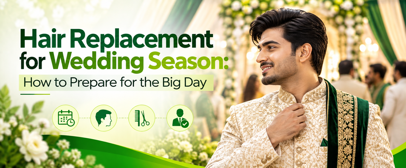 Hair replacement for wedding season with a groom preparing for his big day in traditional attire.